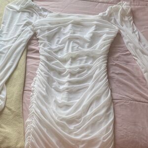 Amazon White Ruched Long Sleeve Dress